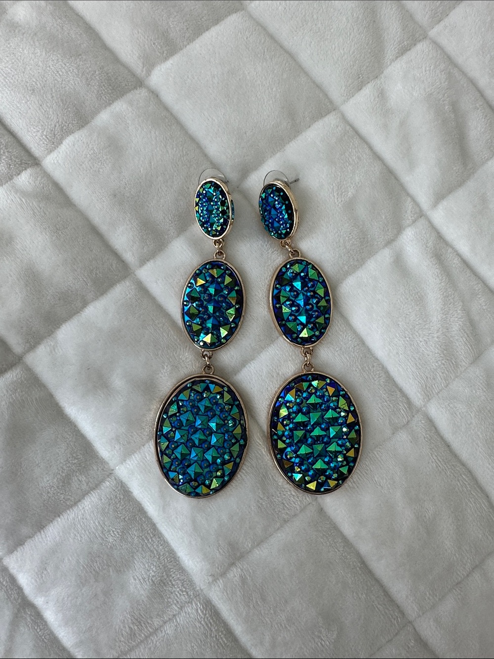 Blue Green Iridescent Triple-Drop Oval Earrings